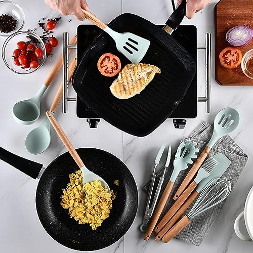 Image of Barebeauty 12 Pcs Silicone Kitchen Utensils Set with Holder Heat Resistant Silicone Spatula | Turner Set Wooden Spoons Kitchen Tools | Cooking Utensils for Nonstick Cookware (Light Green)