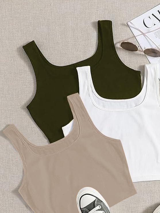 Image of Toochki Women's Knitted Sleeveless Solid Sqaure Neck Ribbed Tank & Crop Tops (Pack of 3)