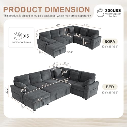 Image of Hanherry 106 inch Sectional Sofa with Pull Out Couch Bed,6 Seater Corduroy Sleeper Sofa with Storage Ottoman & USB Charging,Comfy L Shaped Modular Couches for Living Room,Apartment