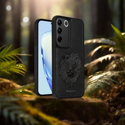 Image of Vaku Luxos Lion Embossed Back Cover Case for Vivo V27 5G Premium Leather Stitched Soft Shockproof Protective TPU Phone Case Camera Screen Protector- Black