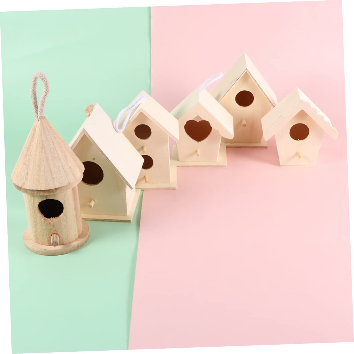 Sewroro 6 Stück Teiliges Diy Holz Vogelhaus Bastelset mit Dickem Seil Stabiler Standfläche zum Bemalen und Dekorieren Pädagogisches Kreativspielzeug für Holz Nistkasten für Zuhause und
