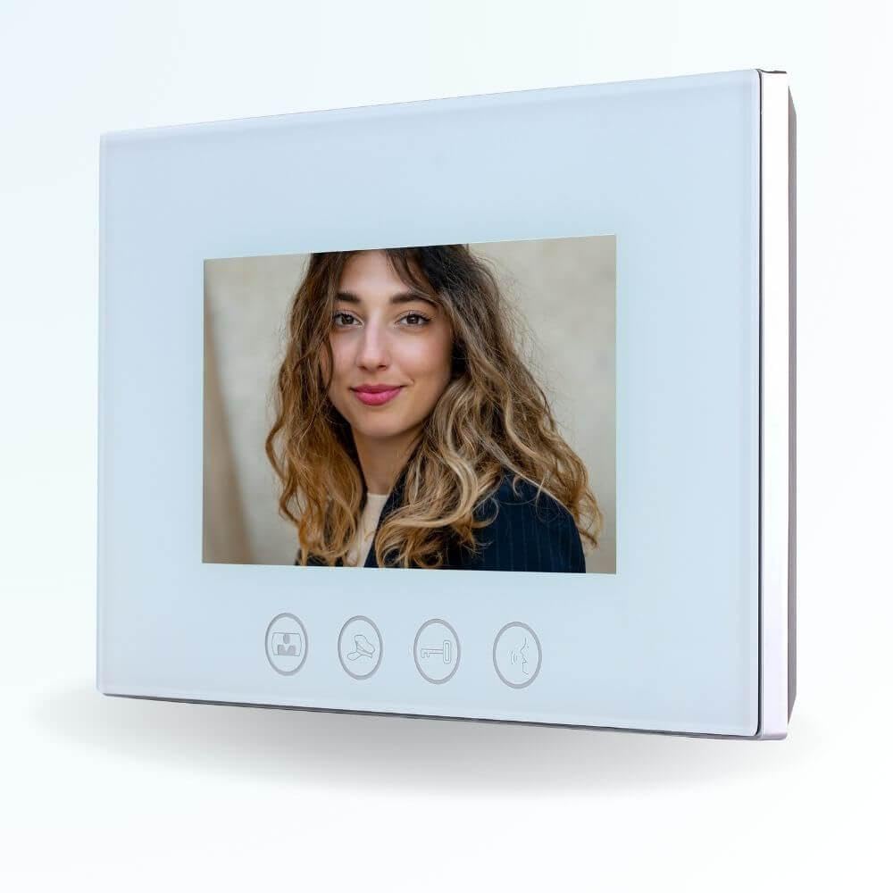 Portier interphone vidéo Cards 4 Fils pour 2 entrées - 1 Appartement - 2 platines - 1 écran Blanc 7" - avec mémoire Photos - avec Lecteur de Badge