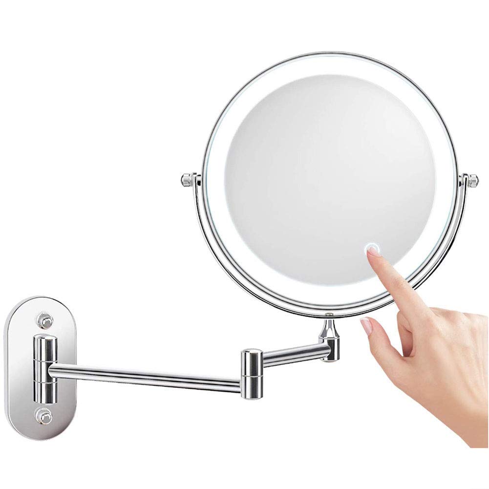 Miroir de salle de bain mural LED 8'' chromé grossissant avec pivotant 360