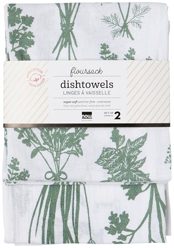 Image of Now Designs Fresh Herbs Elm Green Floursack Dishtowels Set of 2, 100% Cotton, W20 x L30in, Extra Soft Kitchen Linens