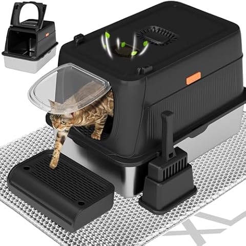 Citylife Stainless Steel Cat Litter Box with Lid,XL Extra Large Enclosed Removable Metal Litter Box with Litter Scoop&Double Layer Litter Mat,Non-Sticky,Non-Odor,Easy Cleaning, for Big Cats,Black Cover