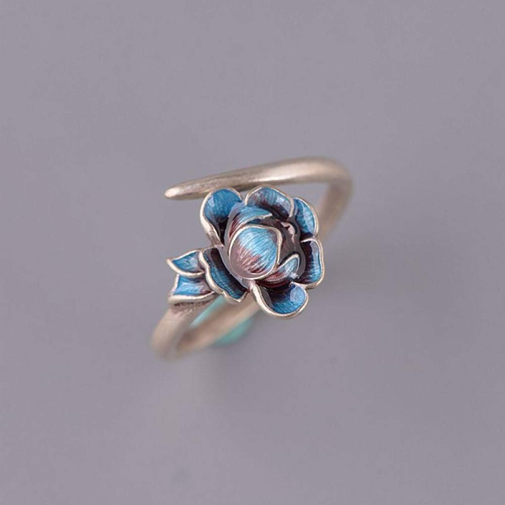 Bague argent S925 ajustable style rétro émail bleu brûlé et fleur