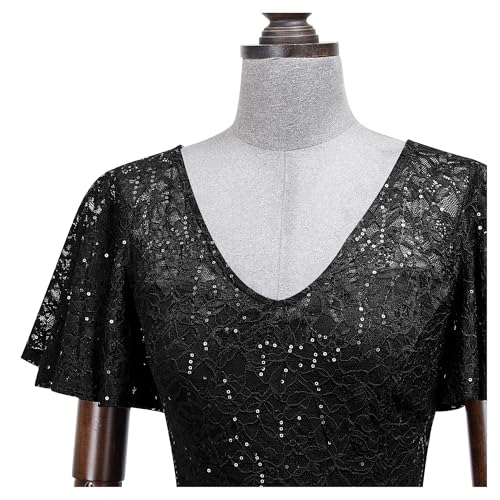 Image of Miusol Women's Classy V-Neck Butterfly Sleeve Sequined Floral Lace Ruffle Split Bridesmaid Party Dress