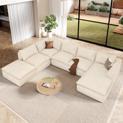 Image of Vesgantti 141.7 inch Oversized Sectional Boneless Couch, Modern 7 Seater Modular Sofa with Chaise & Ottoman, Deep Seat Plush Corduroy Cloud Couches for Living Room, No Assembly Required, Beige