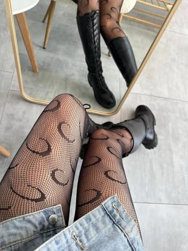 Womens Fishnet Tights in Classic and Sexy Patterned Lace Stockings with Black Fishnets for Girls - Womens Goth Tights to Elevate Your Look (Crescent)3