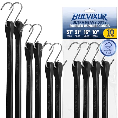 Bolvixor Bungee Cords with Hooks (10 Pack) 10 15 21 31 Heavy Duty EPDM Rubber Tarp Straps Max Stretch 2X Load 180+ LBS Crimped S Hooks for Cargo Trucks Camping Outdoor Use