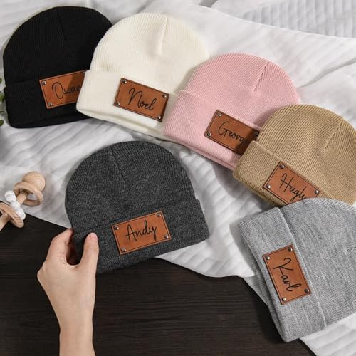Personalized Toddler Beanie Hat, Custom Name Beanie Hat with Leather Patch, Boys Girls Beanies Kids Knit Winter Hats3