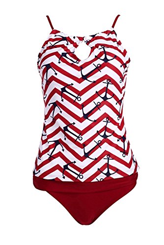 Women's Striped Printed Tankini Tops And Triangle Briefs Two-piece Swimsuits ((US 8-10)L, Red)