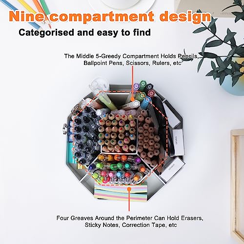 FRETONBA 360° Rotating Pen Holder, 9 Slots Pencil Pen Pot for Desk Cute Stationery Supplies Organiser - Image 4
