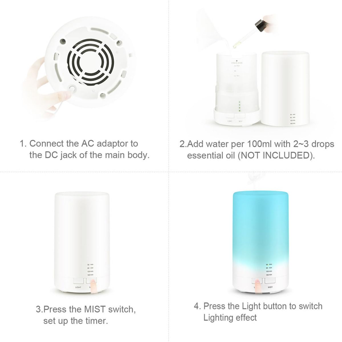 Difusor de Aceites Esenciales 70ml Blanco PP, Mini USB