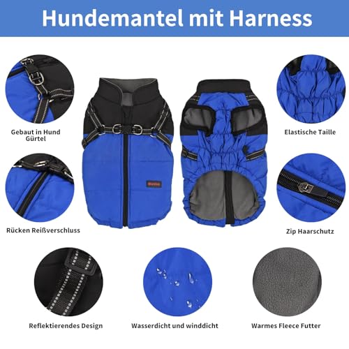 Wunive Hundemantel Hundejacke Winter Wasserdichter Hundemantel Kleiner Hundemantel Welpen Harness Hundemantel Warme Hundejacke Hundemantel mit Geschirr Built in 2 in 1 für kleine mittlere große Hunde