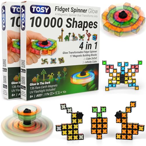 TOSY Magnet Fidget Spinner Glow – 16 Bausteine, 3-in-1: verwandelbarer Fidget-Spinner, Infinity-/Puzzlewürfel, Leuchtend, Kinder/Erwachsene, STEM-Sensorik Spielzeug, 2er-Pack