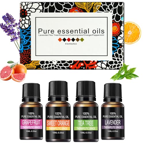 LOPHE Juego de Aceites Esenciales, 4 Aceites Aromáticos de 10 ML, Regalo, Aceites Aromáticos Solubles en Agua para Difusor, Humidificador, Masajes, Aromaterapia
