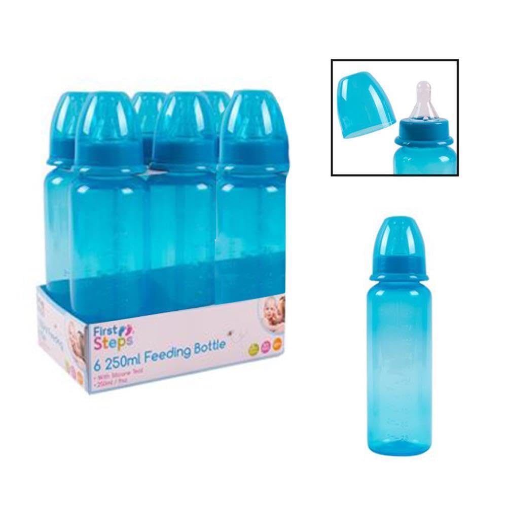 Pack of 6 Blue Baby Feeding Bottles 250ml with Silicone Teat 9oz Measuring Gauge BPA Free