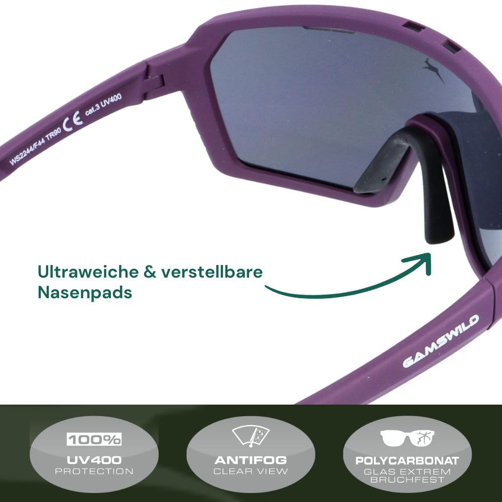 Gamswild WS2244 Sportbrille Sonnenbrille TR90 Fahrradbrille Skibrille Damen Herren Unisex verstellbare Nasenpads| grün | lila| orange |