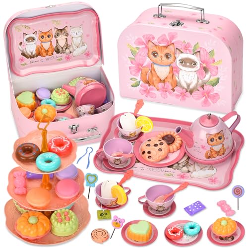 TOSUTO Service à Thé pour Enfant,54 PCS Service à Thé Jouets,Jouets étui de Transport,Jeu de Simulation pour Filles,Faisant Semblant pour Enfants Tea Party Jeux de...