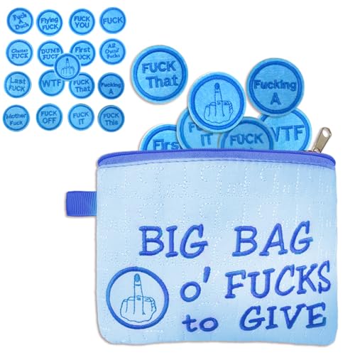 Funny Gifts for Women Men Adult Funny Purse Secret Santa Gifts Big Bag of Fucks to Give Zipper Pouch Gag Gift 17pcs Embroidery Coins Gadgets Fun Rude Christmas Gifts for Coworkers Colleague (Blue)