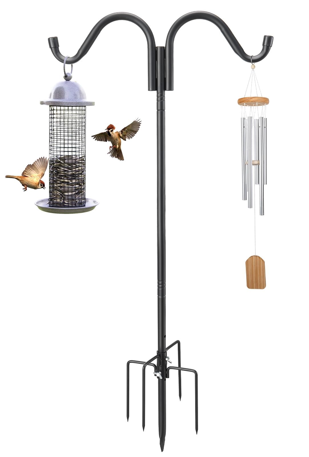 Harrms Double Shepherd Hook, Heavy Duty Bird Feeder Pole 273cm, Stable Bird Feeders Hanging Station Metal, Adjustable 5-Prong Garden Lantern Hanger for Wind Chimes, Bird House, Wedding Decoration