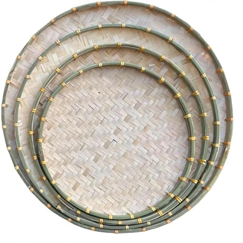 MLTUN MAKAN は、竹製の編み込みトレイが付いた、丸くて大きな無孔竹製のざるです。手作りの竹製農具用乾燥かごは、魚、お茶、野菜、果物、その他の農産物の保存、装飾、天日干しに最適です。 (シアンの皮膚層,60cm)