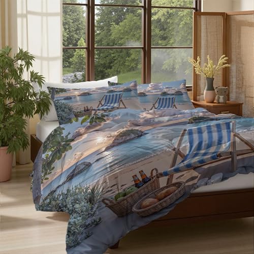 Parure de lit de luxe motif plage imprimé bleu en microfibre premium