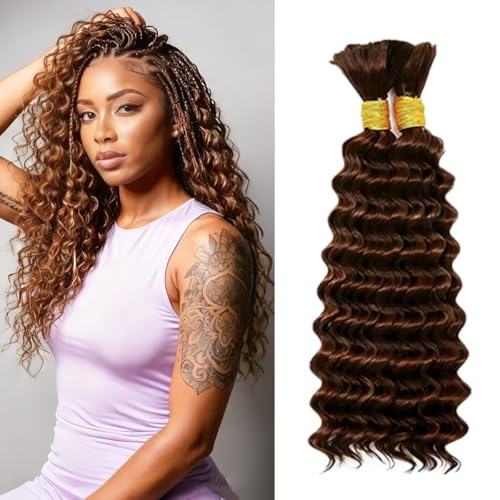 Human Braiding Hair for Boho Braids 100% virgin Human Hair 110g 16-24 Inch Curly Knotless 12A Deep Wave Bulk Bohemian Braiding Hair for 2 Bundles/Pack Extensions (4#-Deep Wave, 16 Inch)
