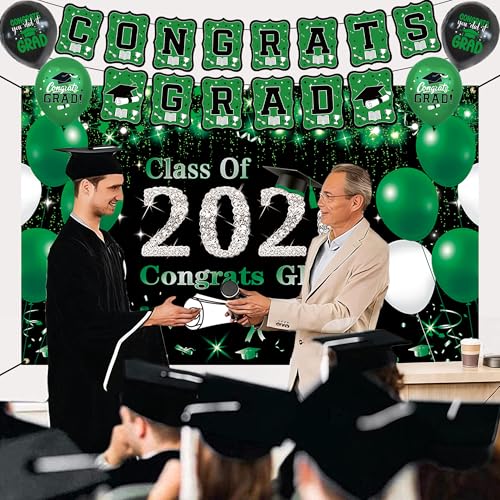 Image of DARUNAXY Green Graduation Party Decorations, Green Class of 2026 Graduation Banner, 2026 Congrats Grad Honeycomb Hanging Swirl Confetti Balloon Congratulations Graduates Party Supplies(25PC)