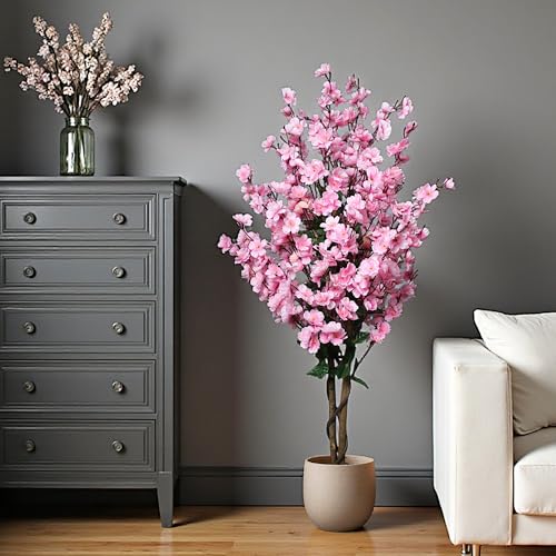 Arnusa Kunstplant, bloeiende boom, 120 cm, winterzoet, kunstplant, bloemen, kunstboom, in pot, lenteplant, roze