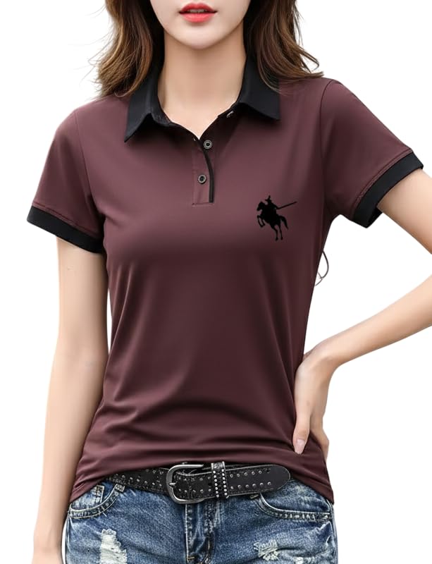 Image of GLASGO Pure Cotton Regular Fit Plain Solid Classic Polo Collar Half Sleeve T-Shirt for Women (Colors: Black, Brown, Peach, Pink)