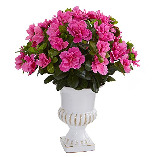 Nearly Natural Azalea Artificial White Urn Silk Plants Pink