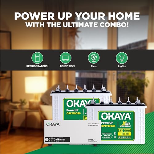 Image of Okaya Inverter with Two Battery Combo for Home,Office & Shops | ATSW 1900 24V Pure Sine Wave Inverter 1650VA with 36 Months Warranty & OPLT19036 160Ah Battery with 36 Months Warranty