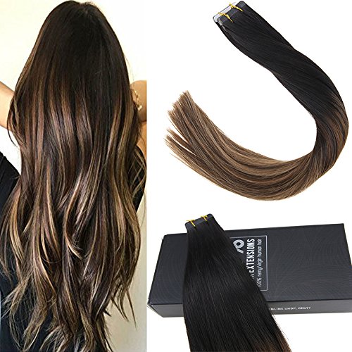 Sunny 14inch 100% Remy Human Hair Extensions Tape in 40pcs 100g Natural Black Fading to Dark Brown with Caramel Blonde Balayage Skin Weft Tape in Human Hair