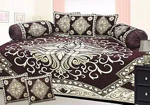 HOMA DORN Heavy Chenille Printed Designer Diwan Cover | Luxurious & Trendy Printed Diwan | Sets (Single Bedsheet + 5 Cushion Covers 2 Bolster Covers) (Snake Coffee)