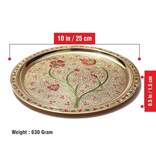 Image of Pure Source India Flower Embossed Colourful Meenakari Decorated Premium Brass Pooja Thali Set with Red Velvet Box, Festival Religious Return Gift Item