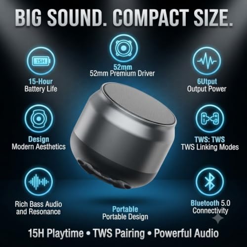 Image of Drumston (15 Years Assured Warranty) Wireless Bluetooth Speaker with 15 Hours Playtime, 52mm Driver, TWS Pairing, 6W Output Portable Speaker for Home, Travel, Outdoor, Party & Office Use (Grey)