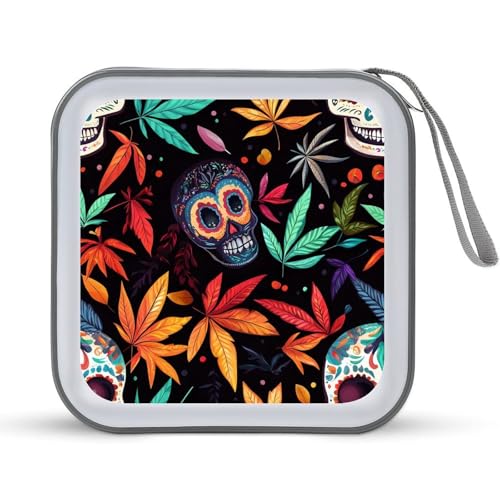 Colorful Skull Weed Plants CD Case Plastic DVD Case Holder Wallet Disc Storage Organizer for Car Travel