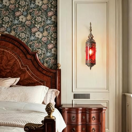 Image of Vintage Wall Sconce with Red Glass, Rustic Black Brushed Gold Farmhouse Wall Light Fixture, Antique Gothic Decorative Metal Wall Lamp for Hallway, Bedroom, Living Room, Entryway