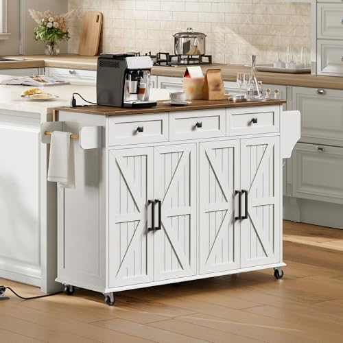 RALGEND Kitchen Island with Drop Leaf & Power Outlet, Rolling