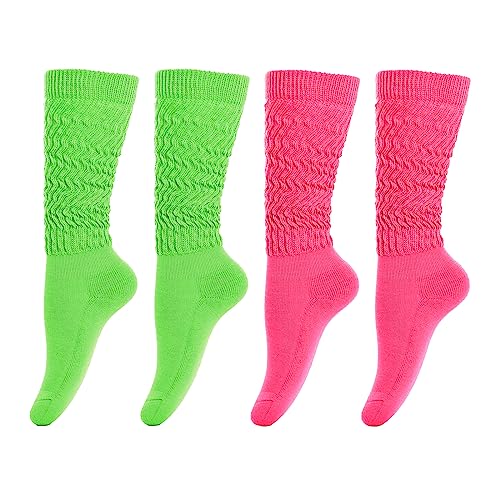 2 Pairs Women Slouch Socks 80s Neon Extra Long Scrunch Socks Slouch Thick Knee High Socks Knit Boot Socks Size 9 to 11