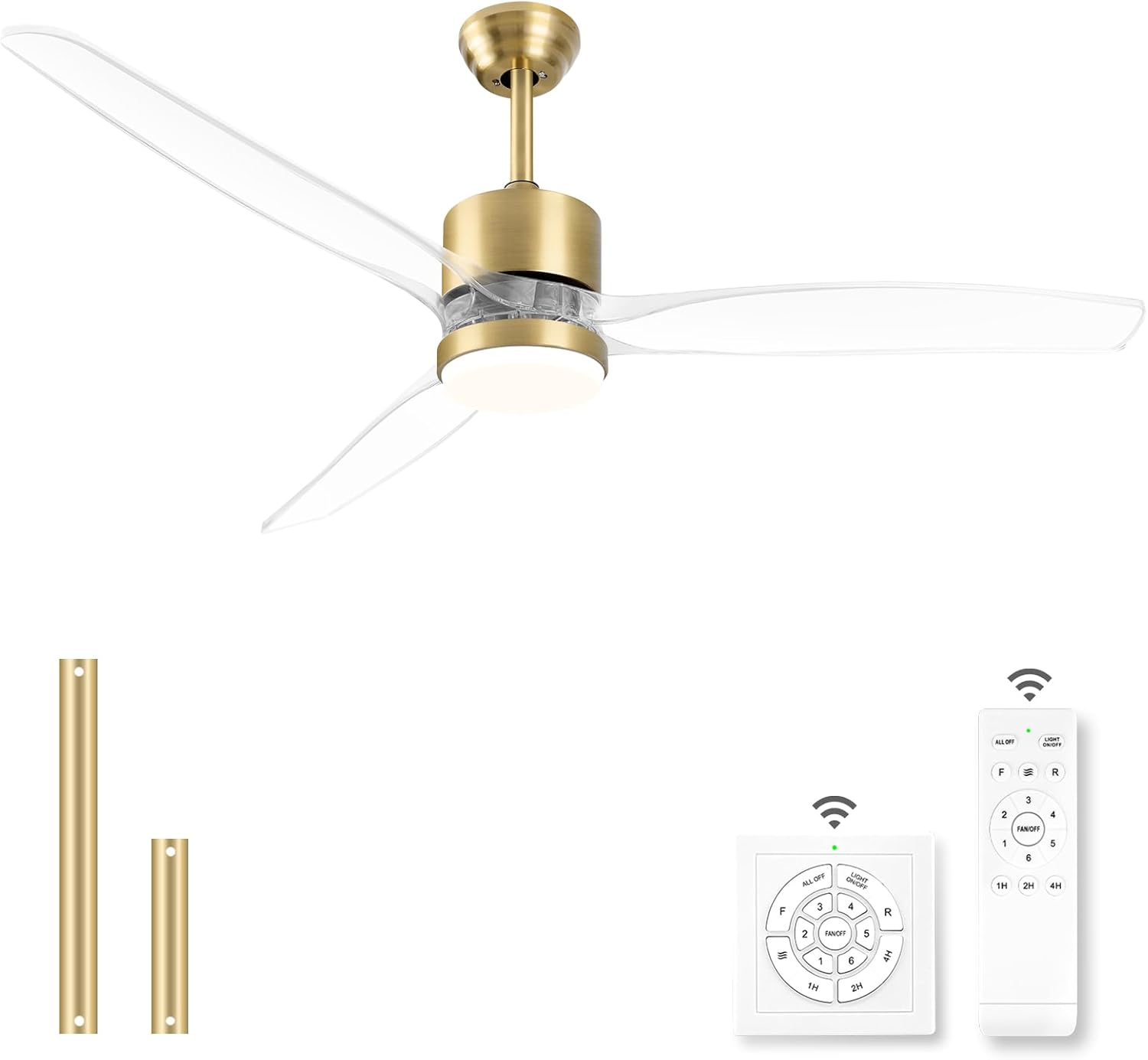 OKELI Clear Ceiling Fan with Light, 52 Inch Gold Transparent Ceiling Fans with Light and Remote 3 Reversible Blade LED Ceiling Fan and Light Combo for Living Room, Bedroom, Patio Gold 52 inch
