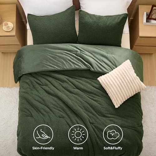 Image of Bedsure Fluffy Plush Queen Comforter Set, Olive Green Bed Set Queen Size, Luxury Ultra-Soft Bedding, 3 Pieces, 1 Solid Comforter (90 inchx90 inch) and 2 Pillowcases (20 inchx26 inch)
