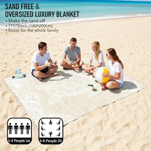 Image of Yongoes Oversized Turkish Beach Towel Blanket Cotton Giant XL Sandproof Towels Huge Linen XXL Extra Large Big Throw Quilt Blankets for Adults Beige Turtle