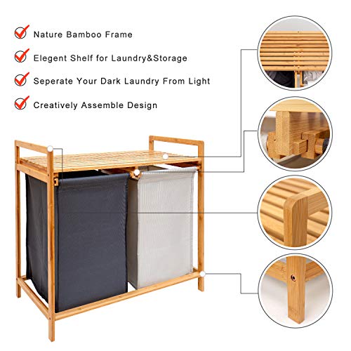 Comellow Bamboo Laundry Hamper And Shelf, 2 Sections Laundry Basket With Removable Liner, Dual Compartments Laundry Organizer And Storage, Wooden Laundry Sorter With Sliding Handles #TOP1
