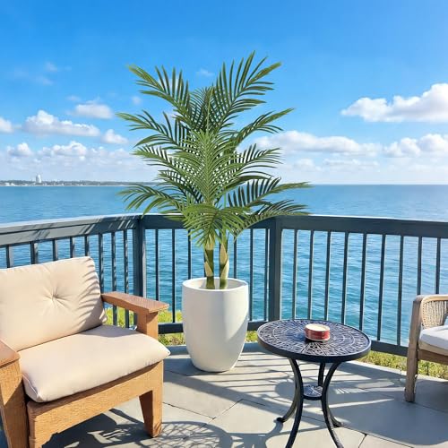 Image of Nafresh 5ft Ultra-Full UV Resistant Fake Golden Cane Palm Tree with Double Trunks, 60in Tall Artificial Palm Tree Indoor Outdoor, Faux Palm Plant for Living Room Home Office Patio Garden Decor