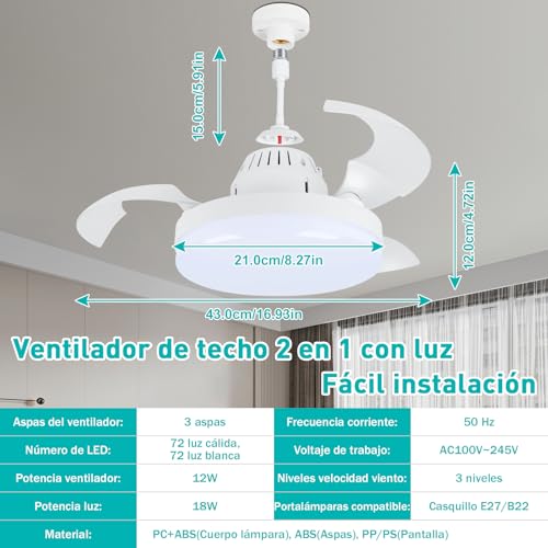 Ventilador de techo para dormitorio Charmofun con luz regulable y mando 3