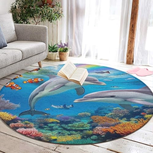 Supdreamc Luxurious Memory Foam Round Area Rug for Home, Hotel, Anti-Skid Blue Ocean Underwater World Dolphin Art Toilet Bath Rug Home Decor