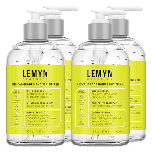 Lemyn Organics Medical Grade Hand Sanitizer Gel - 97% ORGANIC - 12 FL.OZ. (PACK OF 4)